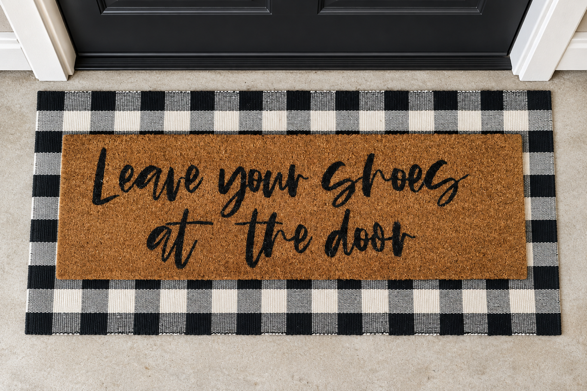 XL Doormat | Leave Your Shoes at the Door layered over a black and ivory buffalo plaid runner at a black door.