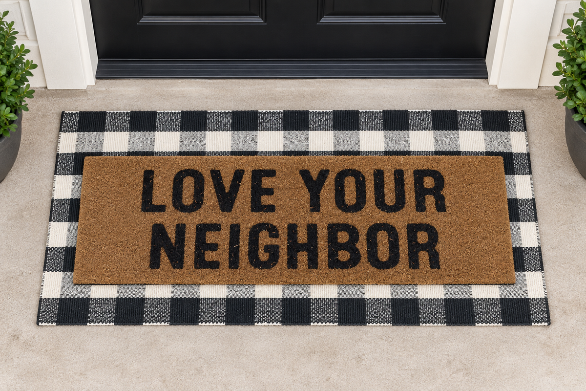XL Christian Doormat | Love Your Neighbor layered over a black and ivory buffalo plaid runner at a black door.