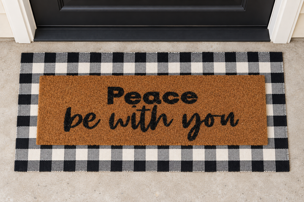 XL Christian Doormat | Peace Be With You layered over a black and ivory buffalo plaid runner at a black door.