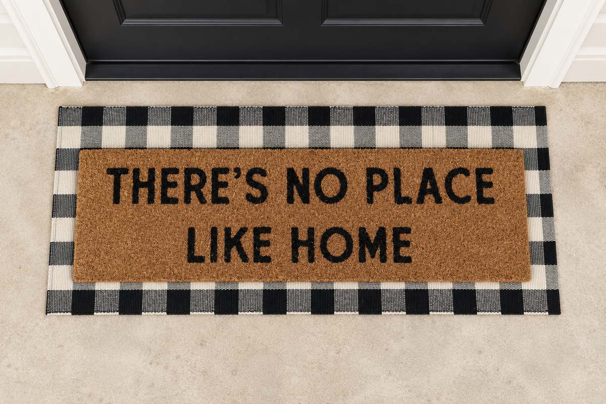 XL Doormat | There's No Place Like Home layered over a black and ivory buffalo plaid runner at a black door.
