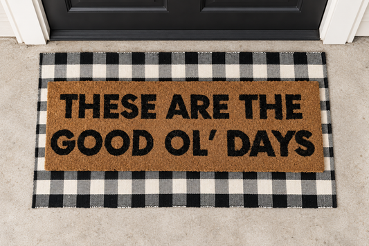XL Doormat | These Are the Good Ol' Days layered over a black and ivory buffalo plaid runner at a black door.
