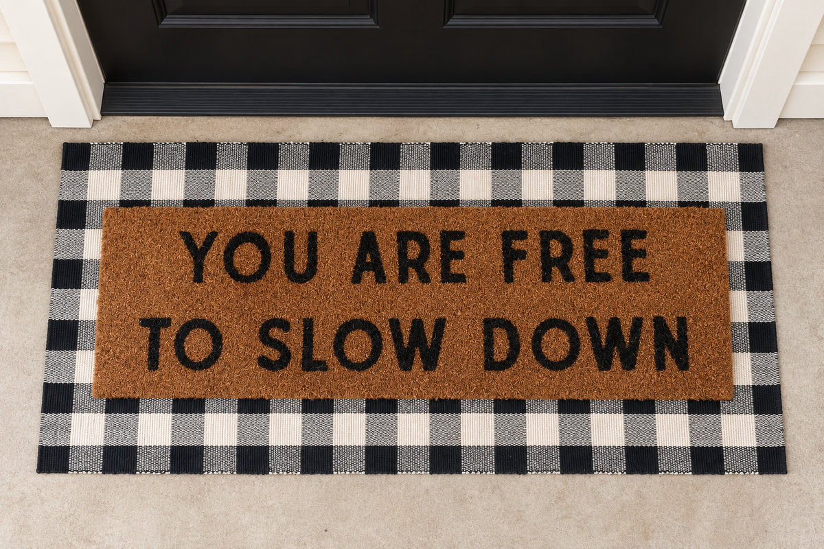 XL Doormat | You Are Free to Slow Down layered over a black and ivory buffalo plaid runner at a black door.