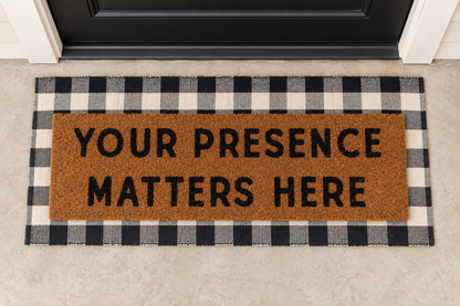 XL Doormat | Your Presence Matters Here layered over a black and ivory buffalo plaid runner at a black door.