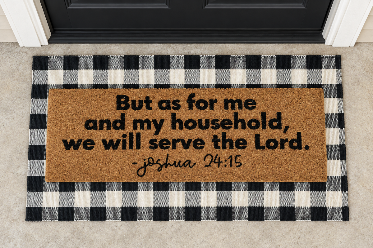 XL Scripture Doormat | Joshua 24:15 layered over a black and ivory buffalo plaid runner at a black door.