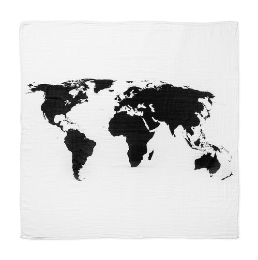 World Map organic muslin swaddle and wall art by Modern Burlap