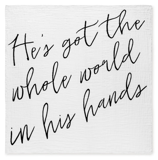 He's Got the Whole World in His Hands organic muslin swaddle and wall art by Modern Burlap