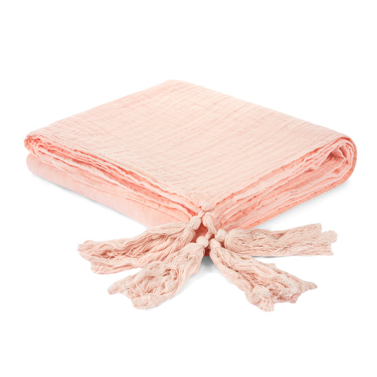 Organic muslin XL throw blanket with dusty pink tassels by Modern Burlap