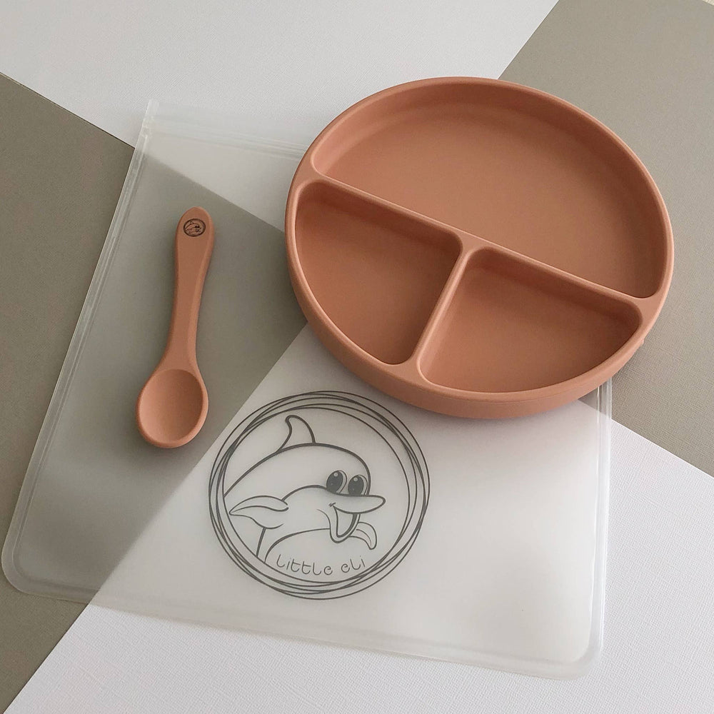 Little Eli - Silicone Suction Plate + Spoon + Storage Bag - Cherry Blossom