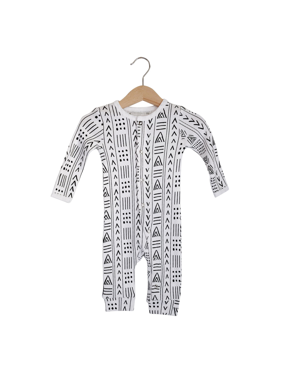 B+W Mud Cloth © Organic Baby Button Coverall — product photograph.