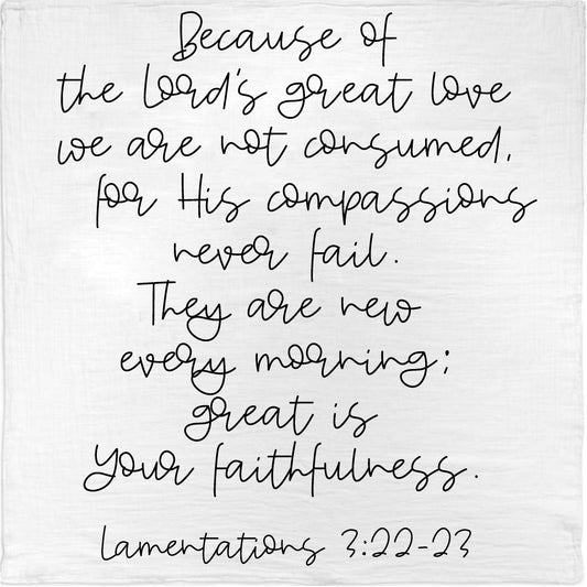 Lamentations 3:22–23 organic cotton muslin Scripture swaddle and wall art by Modern Burlap