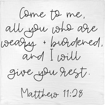 Matthew 11:28 organic cotton muslin Scripture swaddle and wall art by Modern Burlap
