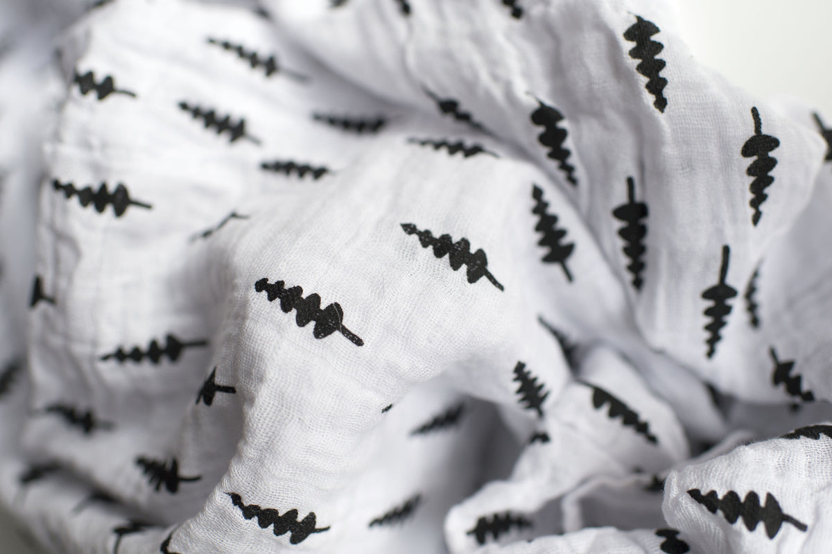 Fabric and print detail of Trees Organic Swaddle.