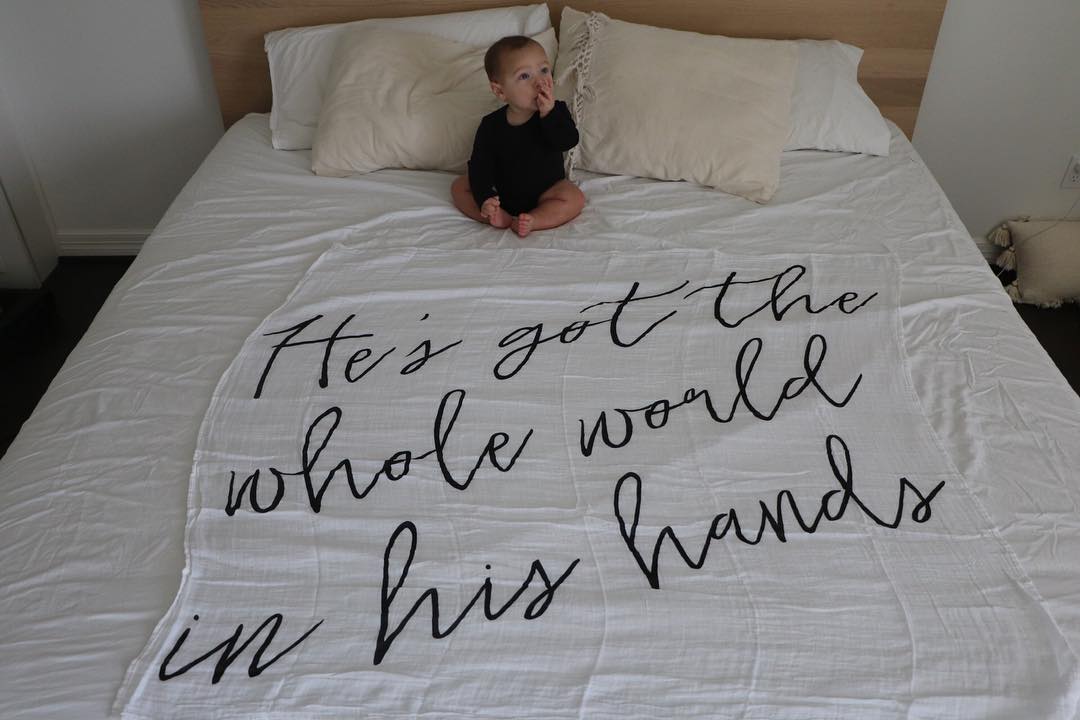 He's Got the Whole World in His Hands Swaddle + Wall Art | GOTS Certified Organic Cotton Muslin