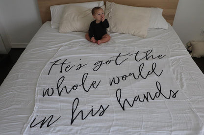He's Got the Whole World in His Hands Swaddle + Wall Art | GOTS Certified Organic Cotton Muslin