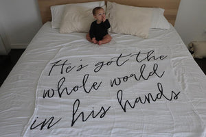 
                  
                    Load image into Gallery viewer, Organic Swaddle + Wall Art -  He&amp;#39;s got the whole world in his hands
                  
                