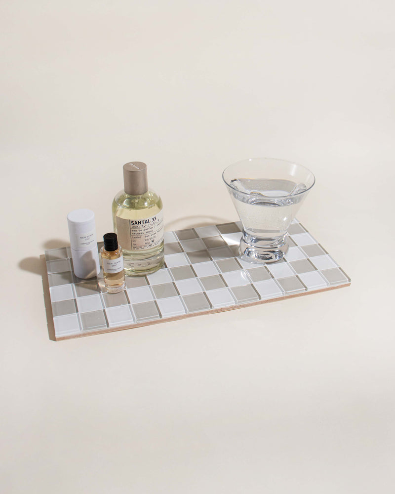 Subtle Art Studios - GLASS TILE DECORATIVE TRAY - Beige Checkered