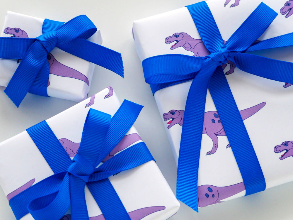 designosaur - T-Rex dinosaur wrapping paper with tags