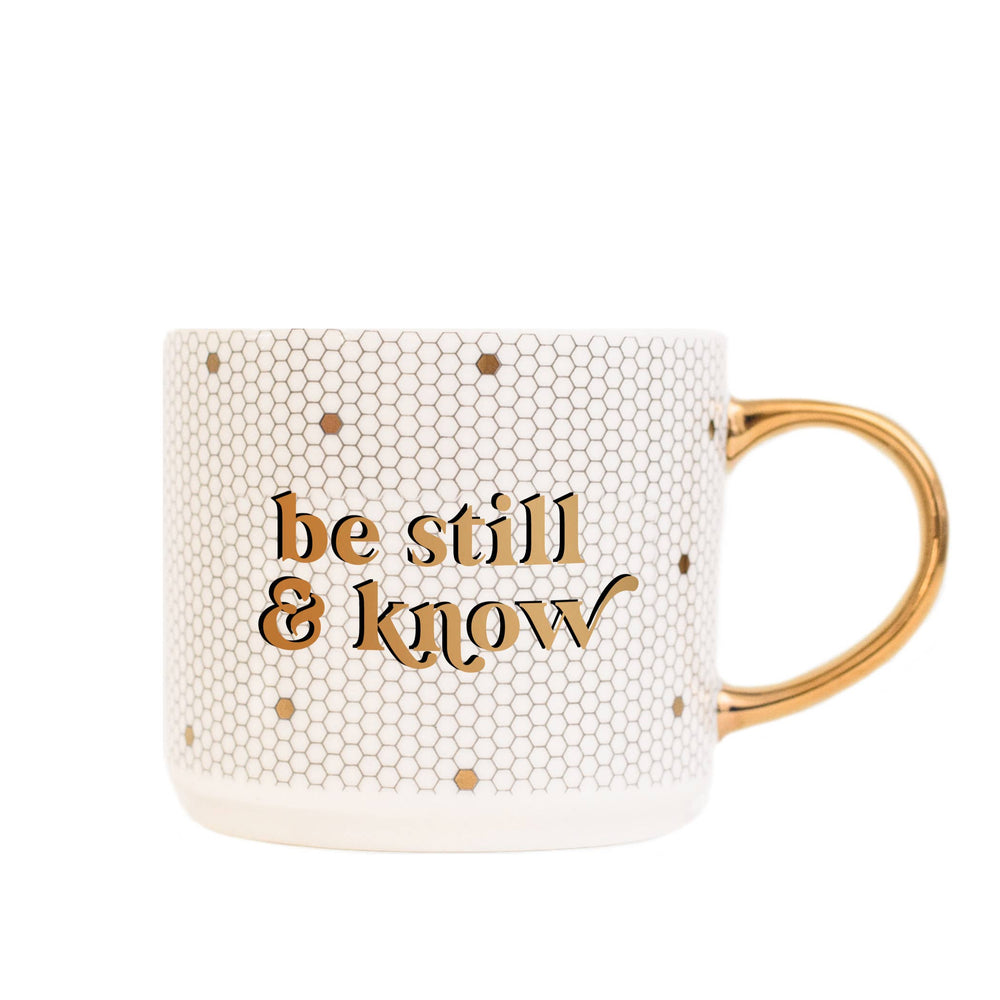 Sweet Water Decor - Be Still and Know - Gold, White Tile Coffee Mug - 17 oz