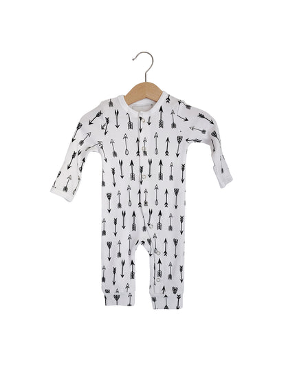 B+W Arrows © Organic Baby Button Coverall — product photograph.