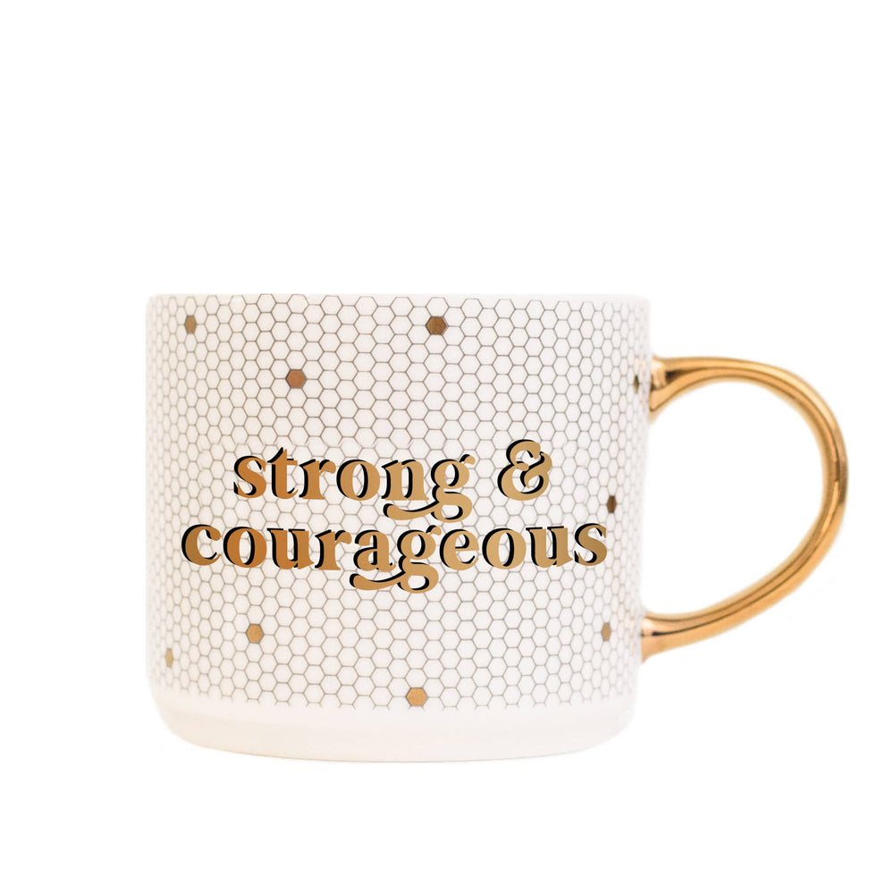 Sweet Water Decor - Strong and Courageous - Gold, White Tile Coffee Mug - 17 oz