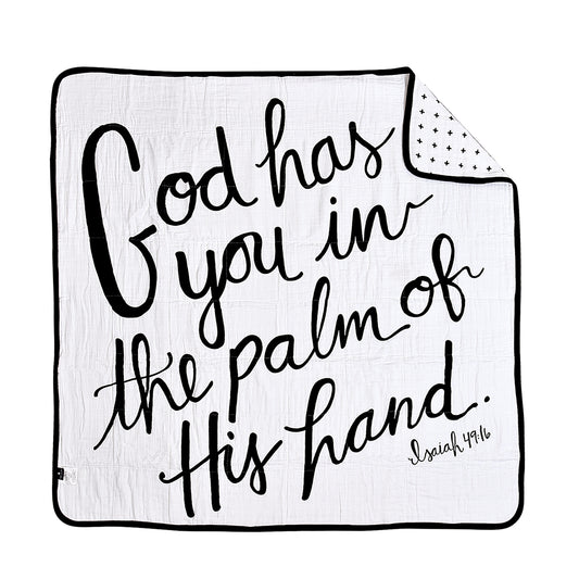 Swiss Cross and Isaiah 49:16 reversible organic muslin quilt by Modern Burlap