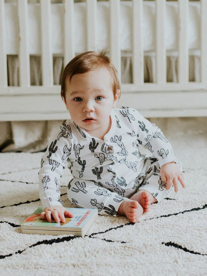 Modern Burlap organic button coverall in signature prints