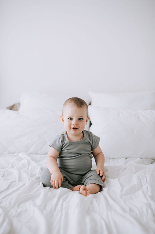 Solid color organic short sleeve Explorer Back Jumpsuit by Modern Burlap