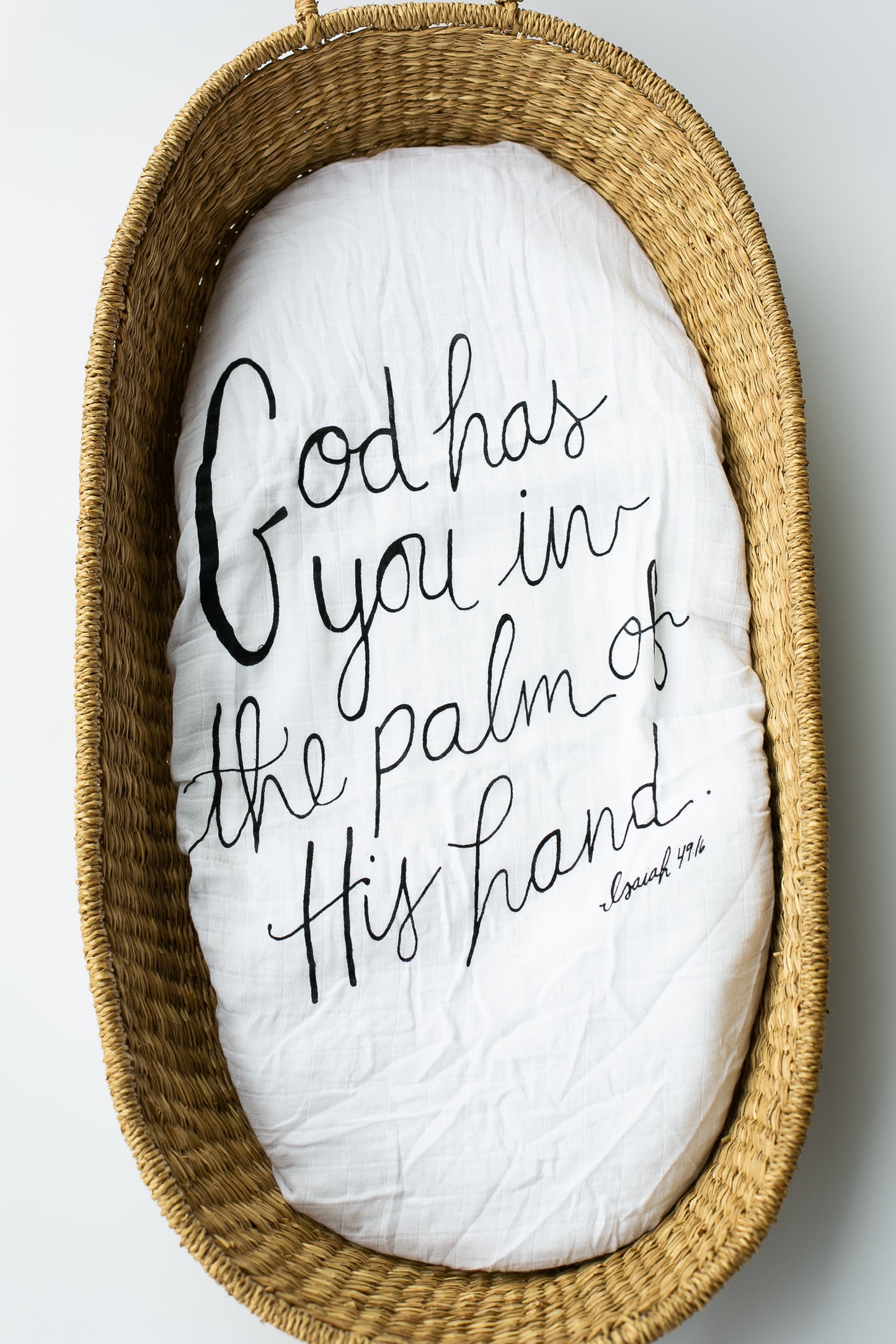 Isaiah 49:16 organic muslin bassinet and small changing pad sheet by Modern Burlap