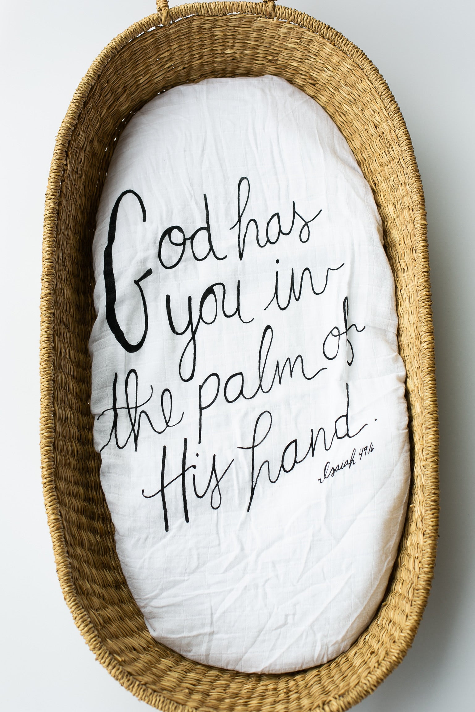 Isaiah 49:16 organic muslin bassinet and small changing pad sheet by Modern Burlap