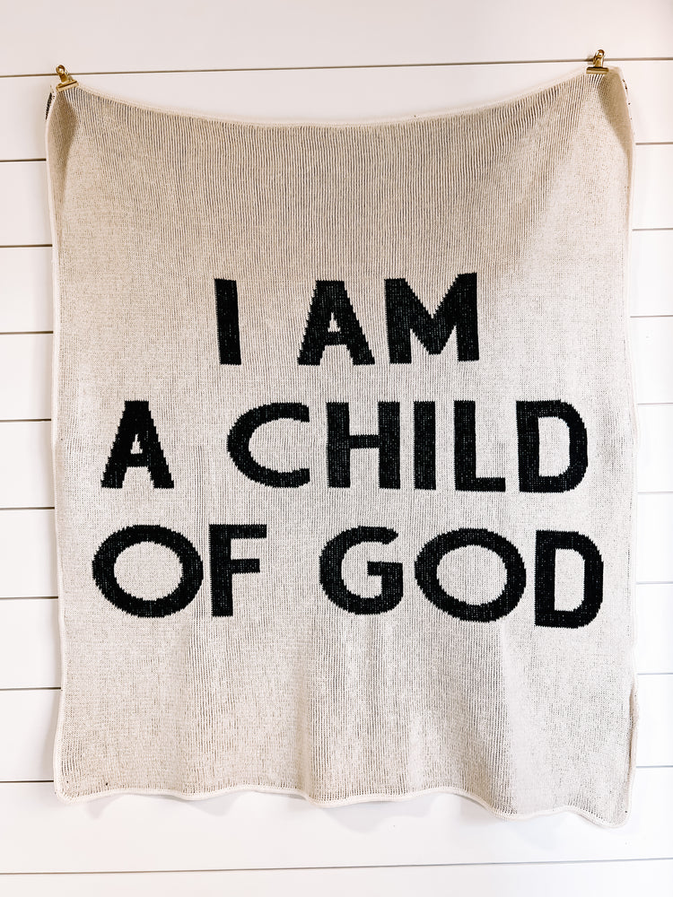 Made in the USA | Recycled Cotton Blend I am a child of God Block Lettering Throw Blanket | Natural