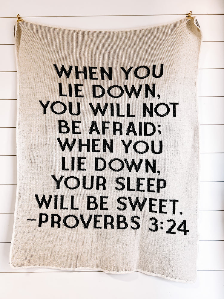 Made in the USA | Recycled Cotton Blend Proverbs 3:24 Block Lettering Throw Blanket | Natural