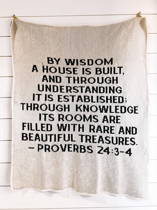 Proverbs 24:3-4 recycled cotton throw blanket by Modern Burlap