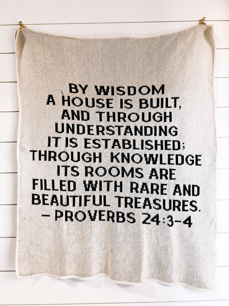 Made in the USA | Recycled Cotton Blend Proverbs 24:3-4 Block Lettering Throw Blanket | Natural