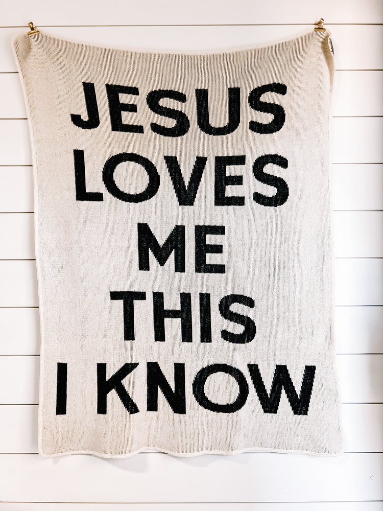 Made in the USA | Recycled Cotton Blend Jesus Loves Me Block Lettering Throw Blanket | Natural