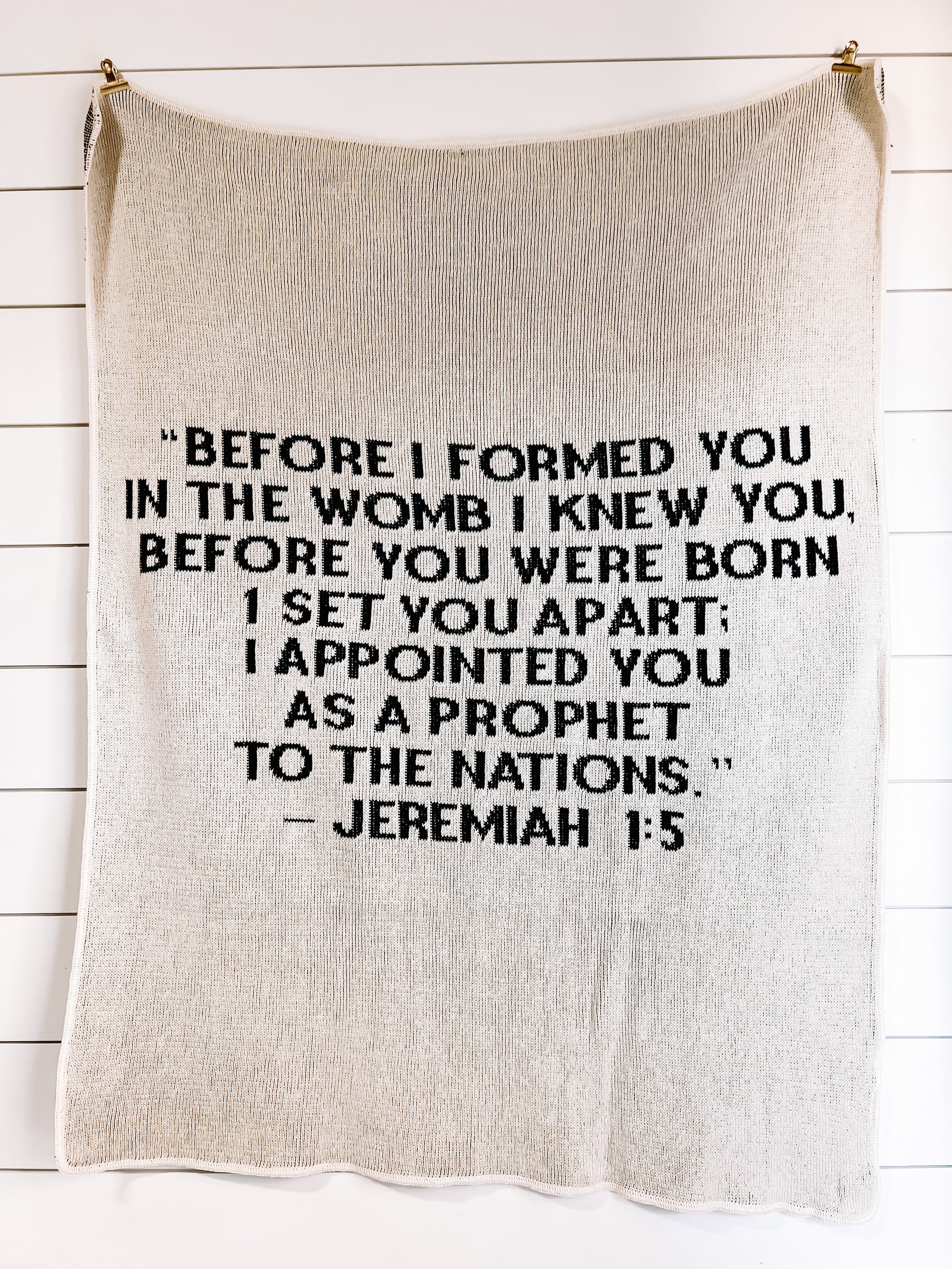 Jeremiah 1:5 recycled cotton throw blanket by Modern Burlap