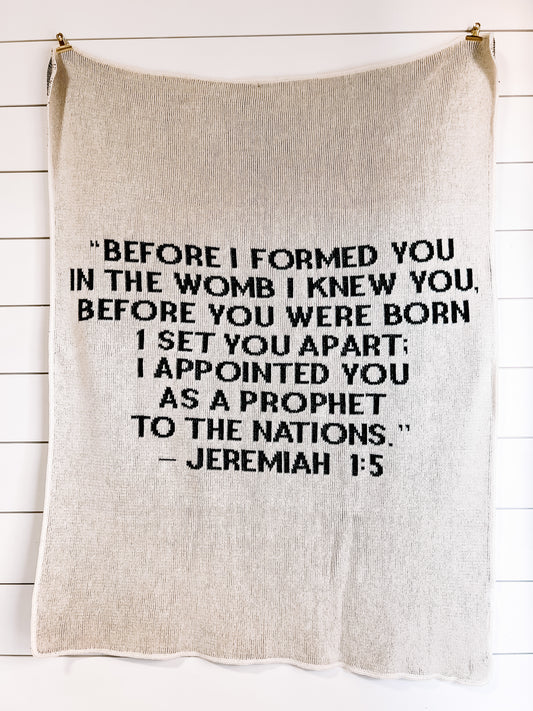 Jeremiah 1:5 recycled cotton throw blanket by Modern Burlap