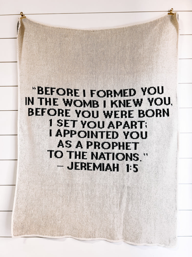 Made in the USA | Recycled Cotton Blend Jeremiah 1:5 Block Lettering Throw Blanket
