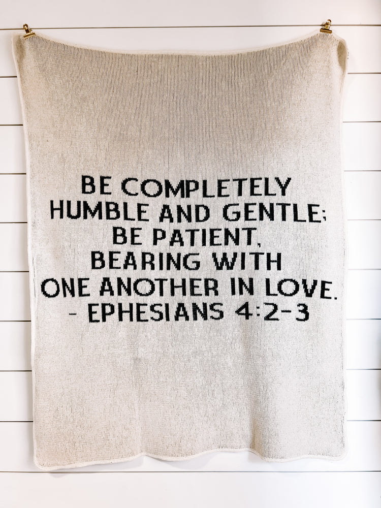 Made in the USA | Recycled Cotton Blend Ephesians 4:2-3 Block Lettering Throw Blanket | Natural