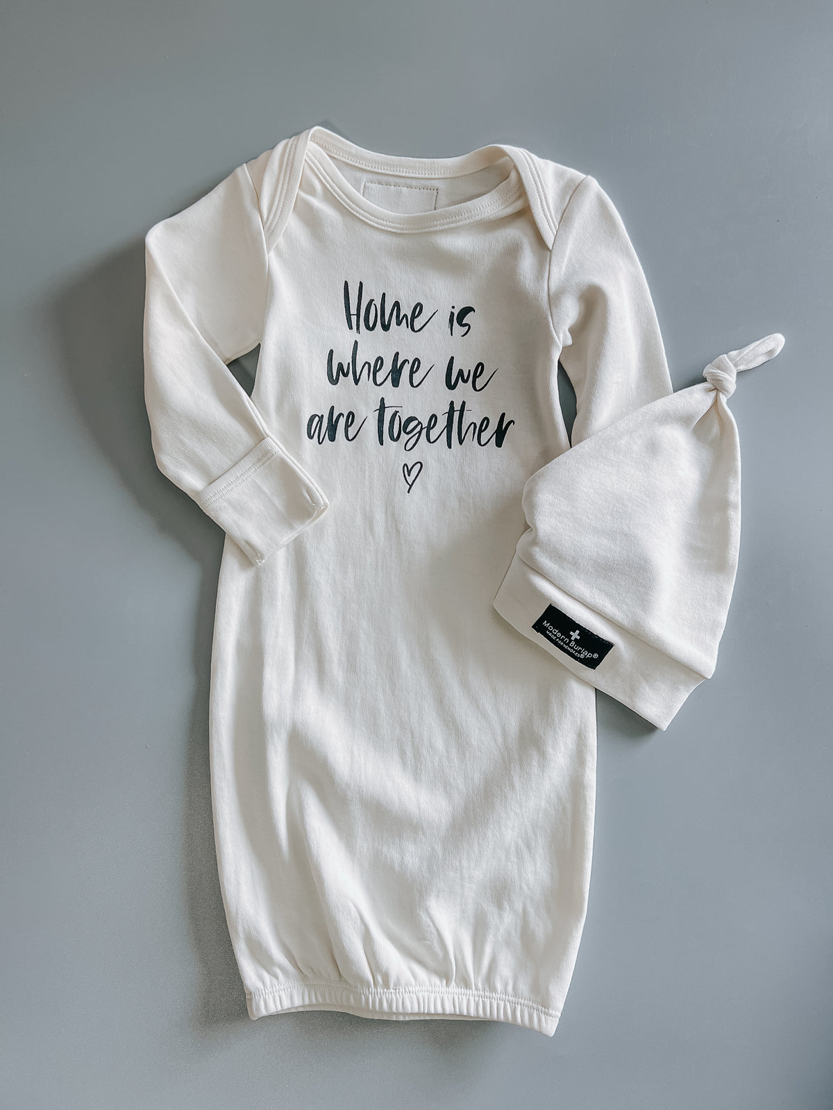 GOTS certified organic cotton baby gown and hat set with inspirational sayings by Modern Burlap