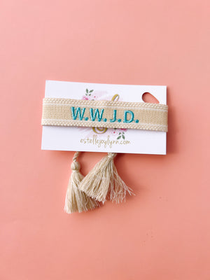 
                  
                    Load image into Gallery viewer, estellejoylynn - W.W.J.D. Bracelet / Religious Tassel Bracelet / WWJD |Teal
                  
                