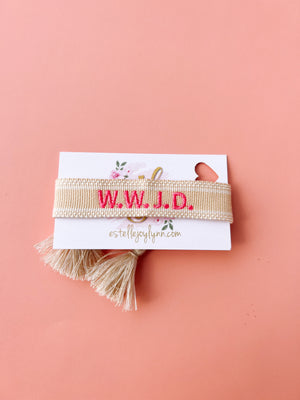 
                  
                    Load image into Gallery viewer, estellejoylynn - W.W.J.D. Bracelet / Religious Tassel Bracelet / WWJD | Bright Pink
                  
                