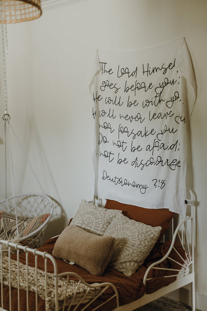 Deuteronomy 31:8 Scripture swaddle keepsake by Modern Burlap