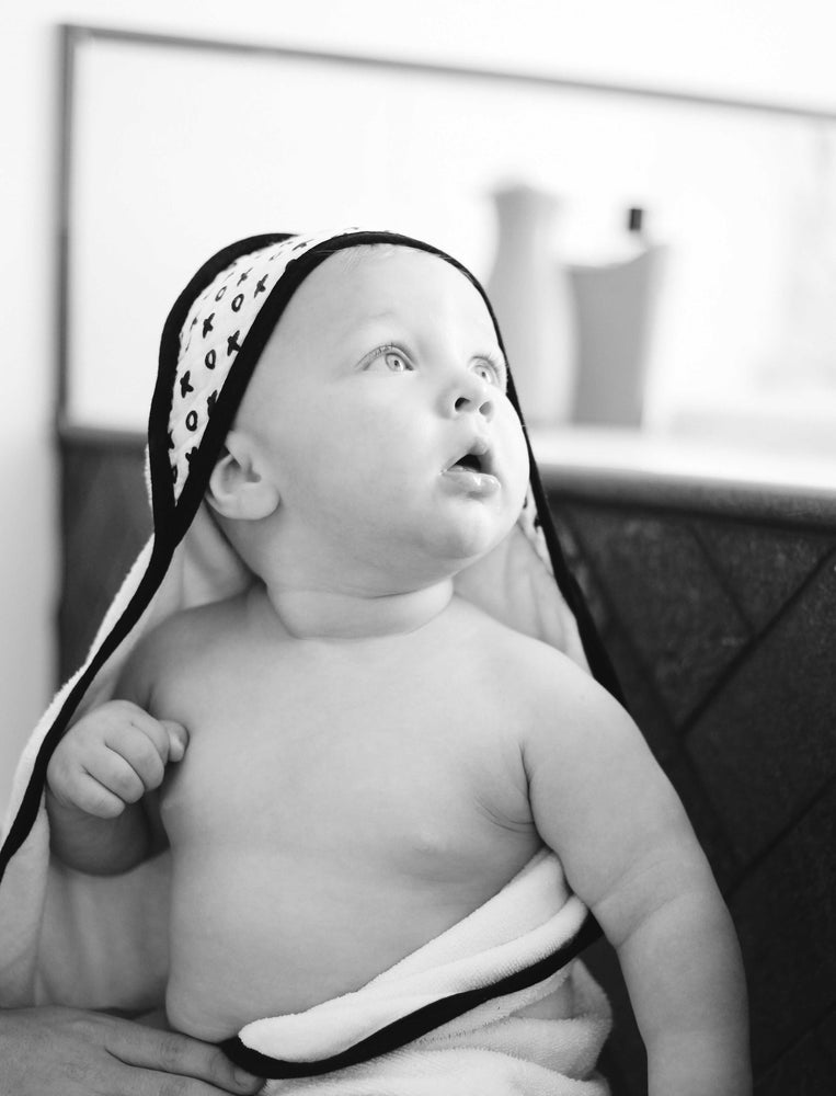 
                  
                    Load image into Gallery viewer, Organic Cotton Muslin + Terry Hooded Towel -  XO
                  
                