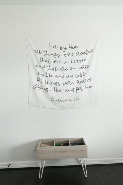 Colossians 1:16 GOTS organic cotton muslin swaddle by Modern Burlap