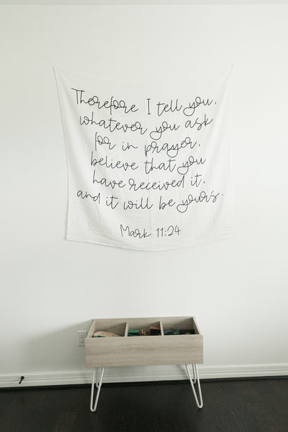 Mark 11:24 organic muslin Scripture swaddle by Modern Burlap