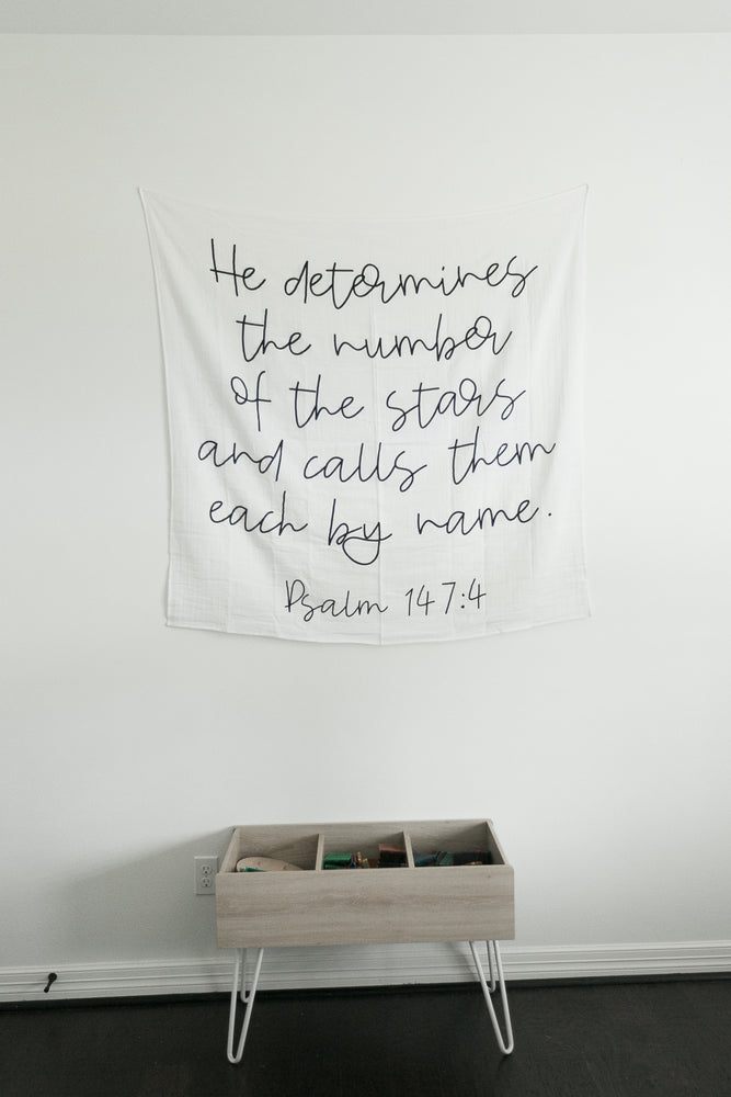 
                  
                    Load image into Gallery viewer, Organic Swaddle + Wall Art - Psalm 147:4  | He determines the number of the stars and calls them each by name.
                  
                