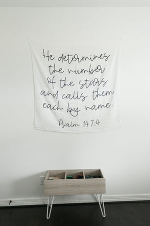 
                  
                    Load image into Gallery viewer, Organic Swaddle + Wall Art - Psalm 147:4  | He determines the number of the stars and calls them each by name.
                  
                