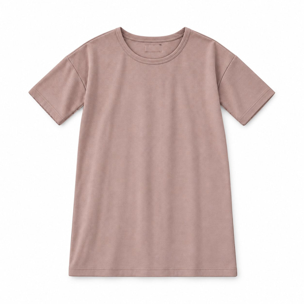 Modern Burlap organic short sleeve slouch dress in Mauve, front studio view