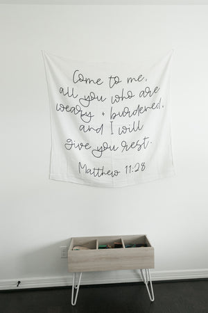 
                  
                    Load image into Gallery viewer, Organic Swaddle + Wall Art - Matthew 11:28 Come to me, all you who are weary + burdened, and I will give you rest.
                  
                