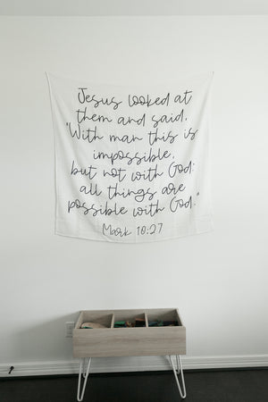 
                  
                    Load image into Gallery viewer, Organic Swaddle + Wall Art - Mark 10:27 Jesus looked at them and said, “With man this is impossible, but not with God; all things are possible with God.”
                  
                